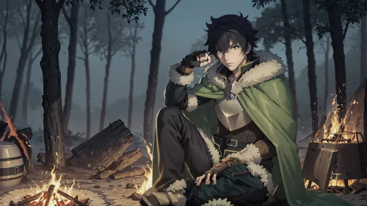 (best quality, high resolution, extremely detailed:1.2), <lora:shieldhero_iwatani-10:1> , iwatani naofumi, fur trim, armor, green cape, pants, fingerless gloves, black hair , green eyes , solo, sitting on campfire, dark, fire lighting,