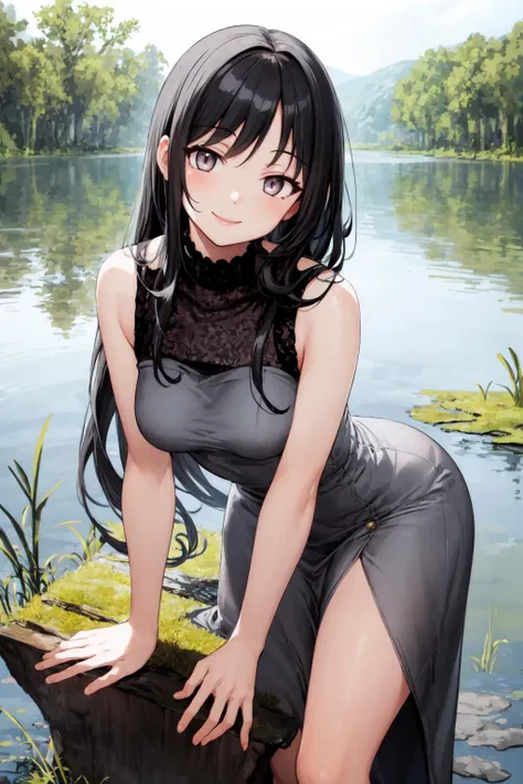 masterpiece, best quality, 1girl, long black hair, dark eyes, long grey quilted dress, silver eyes, leaning forward, smile, medium breasts, swamp