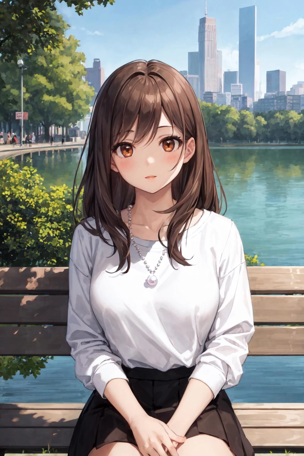 masterpiece, best quality, 1girl, brown eyes, long brown hair, shirt, pearl necklace, city, [lake in background], bench