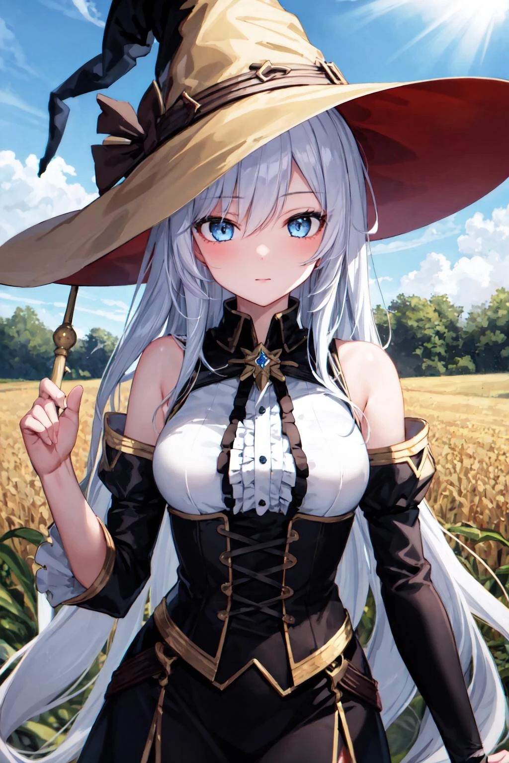masterpiece, best quality, 1girl, blue eyes, witch, glimmer of light, flowing sleeves, long white hair, cornfield, day, blouse, breasts