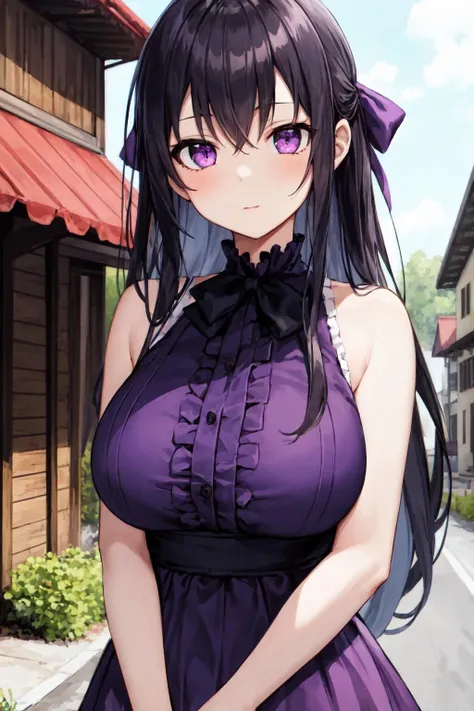 masterpiece, best quality, 1girl, outdoors, houses, road, large breasts, upper body, purple dress, bow, frills, sleeveless, ribbons, black long hair, purple eyes, looking at viewer