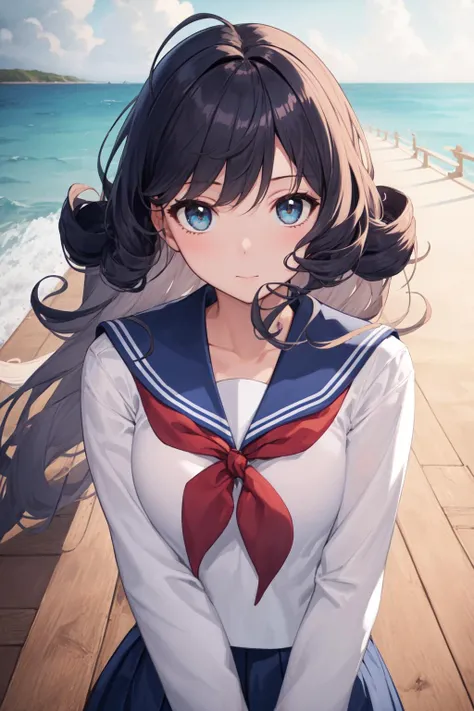masterpiece, best quality, 1girl, close up, boardwalk, magnificent ocean in background, gentle breeze, long hair, curls, blue sailor uniform
