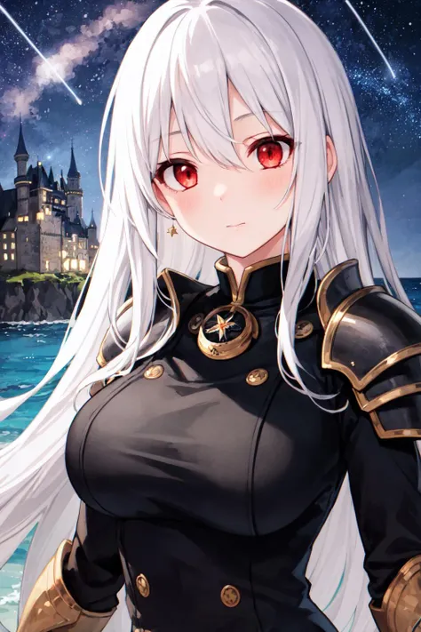 masterpiece, best quality, 1girl, close up, face focus, long black dress, armor, very long white hair, red eyes, castle in background, [houses], ocean, starry sky, buttons, serene expression, shooting star, soft lighting, large breasts