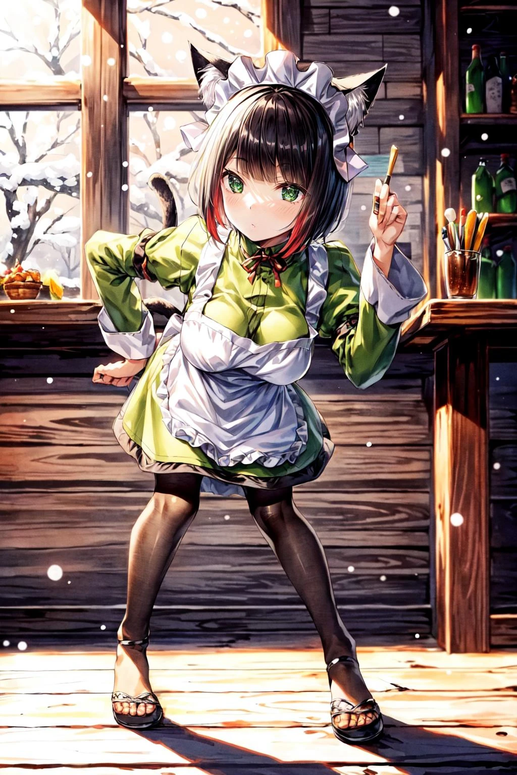 <lora:chloerollo-nvwls-v1:0.85>, toon \(style\), (chloe rollo, cat ears, tail):1.2,
BREAK((solo, 1girl, adorable girl, young female, cute), (full body:1.3), dynamic angle, dynamic postures, detailed shadow, lightning, (wide shot, wide view, wide-angle lens)),
BREAK((maid headdress, green dress, white apron, long sleeves, pantyhose, (multicolor black hairs)):1.1, makeup, lipstick,),
BREAK(perfect(anatomy,body,face,hand,leg,foot)),
BREAK(<lora:cozy animation scenes_20230824111332:0.45>, PIXIV, indoors, medieval tavern, detailed tavern, autumn, snow dust outside window, (wide view, wide-angle lens)),
BREAK(<lora:more_details:0.5>, extremely detailed, CG, 8k Amazing, finely detail, (masterpiece:2.0, best quality), (intricate details, depth of field)),
(<lora:uber_saggy2:0.55>, saggy, sagging_breasts, medium breasts), <lora:oppai_control_v1.0:1>,