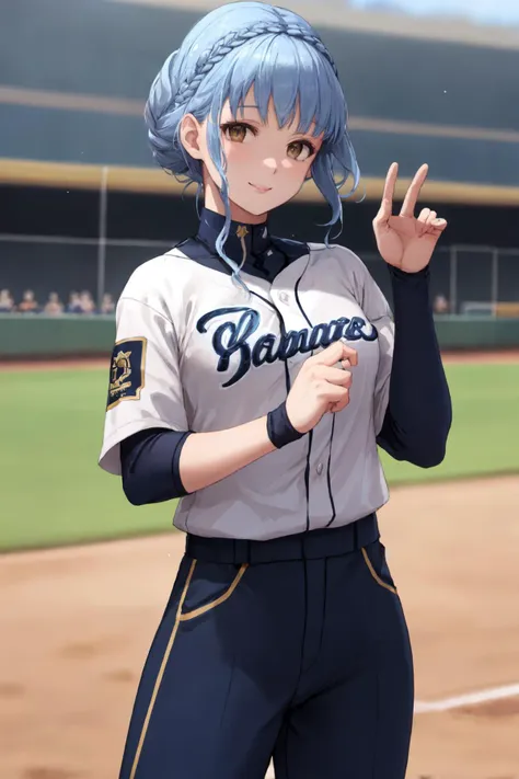 masterpiece, best quality, marianne_hopes, baseball diamond, wearing a baseball uniform in, blue color, cowboy shot, looking at viewer, smile <lora:marianne-nvwls-v1:0.9> <lora:Baseball Uniform By Stable Yogi:0.9>