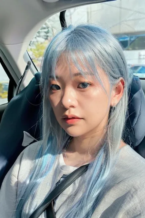 kkatamina, raw photograph, portrait, woman sitting in a car seat wearing a casual clothing, upper body, blue silver hair, sharp lighting, close up, <lora:kkatamina_v1_sd1.5_andyxn:0.50>