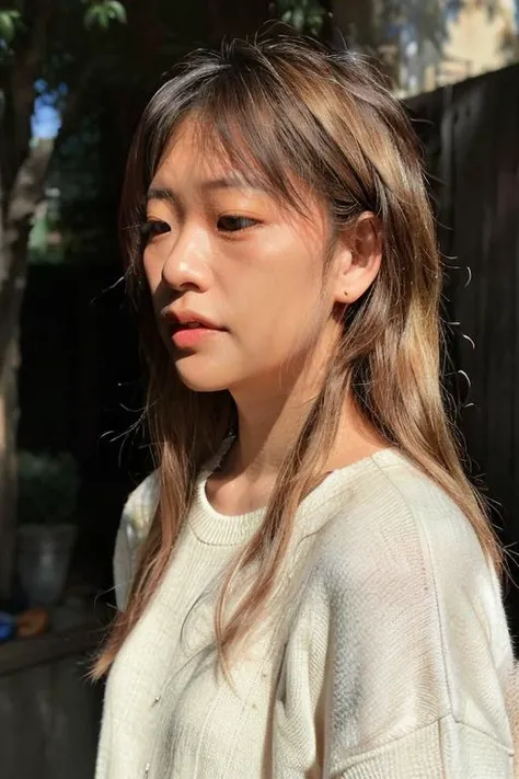 kkatamina, photograph, portrait, woman wearing a sweater, out doors, sunny, light through hair, upper body, sharp lighting, <lora:kkatamina_v1_sd1.5_andyxn:0.50> three quarter view