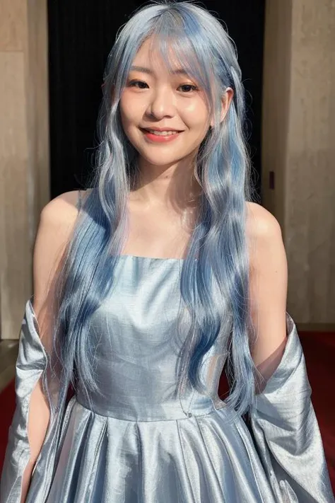 kkatamina, raw photograph, portrait, woman wearing a formal dress, red carpet, upper body, blue silver hair, sharp lighting, smile, <lora:kkatamina_v1_sd1.5_andyxn:0.50>