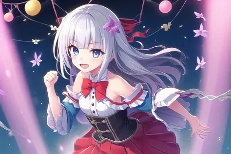 1girl, solo, best qualtiy, masterpiece, standing, prism_step, smile, open mouth, dynamic angle, big top sleeves, floating, beautiful detailed sky, beautiful detailed eyes, overexposure, fist, expressionless, side blunt bangs, hair between eyes, ribbons, bowties, buttons, bare shoulders, small breast, blank stare, pleated skirt, flowers