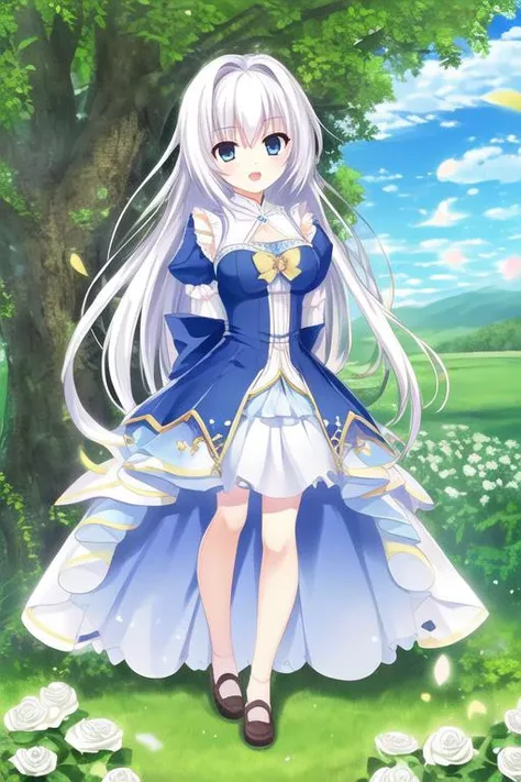 best qualtiy, masterpiece, prism_step, (((solo))), 1girl, ((delicate face)), blunt_bangs, (((full body))), (floating hair),(looking_at_viewer), open mouth,Skirt pleats, blue dress bow, blue_large_bow, (((stading))), (((arms behind back))), sleeves past wrists, sleeves past fingers, (forest), flowering hedge, scenery, Flowery meadow, clear sky, (delicate grassland), (blooming white roses), flying butterfly, shadow, beautiful sky, cumulonimbus, ((absurdres)), incredibly_absurdres, huge_filesize, (best quality), (masterpiece), delicate details, refined rendering, original, official_art, 10s, (long sleeves), (juliet_sleeves), (puffy sleeves), white hair bow, ((white_frilled_dress)), Beautiful eyes