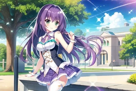 prism_step, 1girl, day, diffraction spikes, fence, glint, green eyes, lens flare, light rays, long hair, outdoors, purple hair, rainbow, skirt, sky, solo, sparkle, sparkle background, sun, sunbeam, sunlight, thighhighs, tree