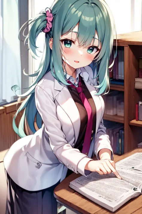masterpiece, best quality, Full body photo,a girl,solo,((mayu)), very long light blue hair,1girl, solo, necktie, labcoat, book, long hair, side tail, indoors, looking at viewer, scrunchie, bookshelf, open mouth, chair, one side up, desk, blinds, red necktie, computer, aqua eyes, green eyes, hair ornament, upper body, school uniform, smile, hair scrunchie, ((brown student uniform)), white coat, {{beautiful detailed collar}},parted lips, original, sunlight ,wet, see-through,{{beautiful detailed white head flower}},garland, hairpins