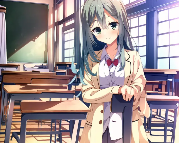 masterpiece, best quality, 1 girl, <lora:shikibeMayuRiddleJoker_v1E3:0.9>, mayu, side tail, classroom, school uniform, labcoat, medium breasts, cowboy shot