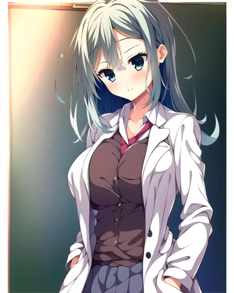 masterpiece, best quality, 1 girl, <lora:shikibeMayuRiddleJoker_v1E3:0.9>, mayu, side tail, classroom, school uniform, labcoat, medium breasts, cowboy shot