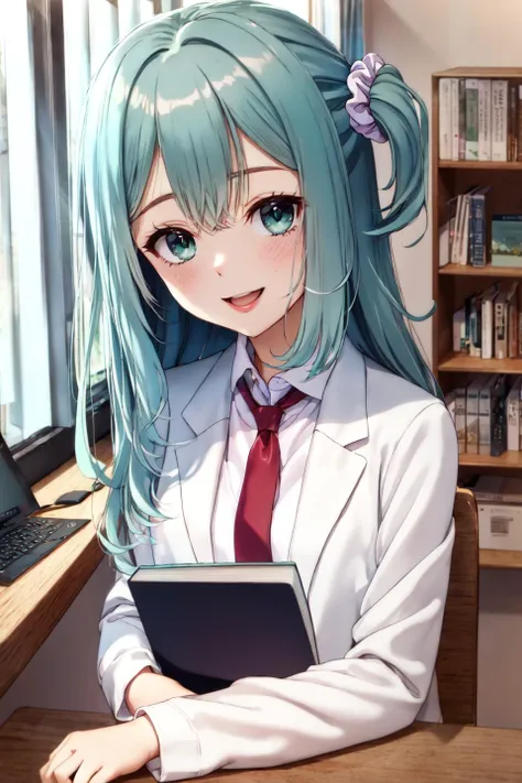 masterpiece, best quality, Full body photo,a girl,solo,((mayu)), very long light blue hair,1girl, solo, necktie, labcoat, book, long hair, side tail, indoors, looking at viewer, scrunchie, bookshelf, open mouth, chair, one side up, desk, blinds, red necktie, computer, aqua eyes, green eyes, hair ornament, upper body, school uniform, smile, hair scrunchie, ((brown student uniform)), white coat, {{beautiful detailed collar}},parted lips, original, sunlight ,wet, see-through,{{beautiful detailed white head flower}},garland, hairpins