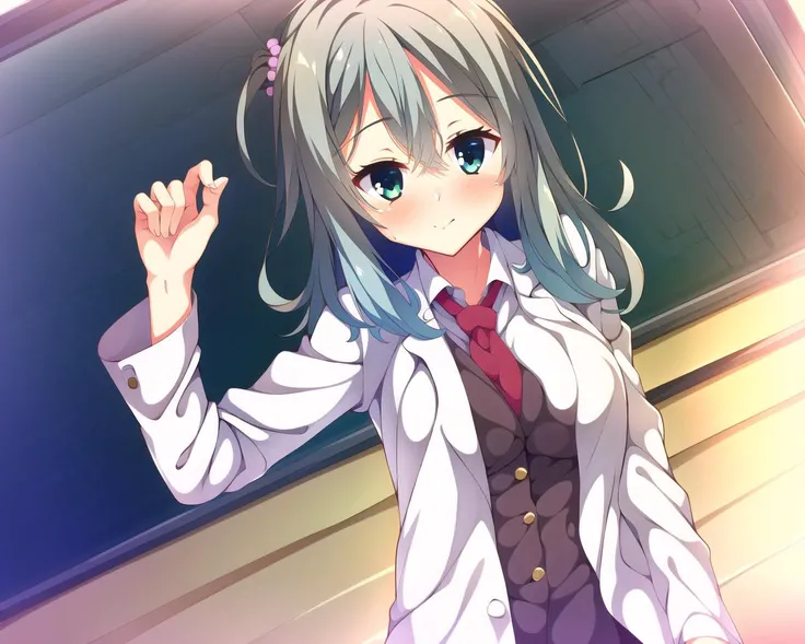 masterpiece, best quality, 1 girl, <lora:shikibeMayuRiddleJoker_v1E3:1>, mayu, side tail, classroom, school uniform, labcoat, medium breasts, cowboy shot