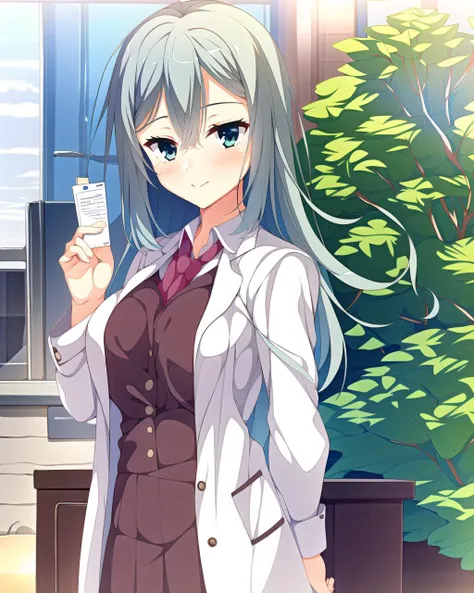 masterpiece, best quality, 1 girl, <lora:shikibeMayuRiddleJoker_v1E3:0.9>, school uniform, labcoat, big breasts, cowboy shot