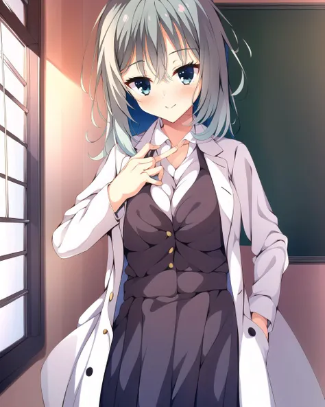 masterpiece, best quality, 1 girl, <lora:shikibeMayuRiddleJoker_v1E3:1>, mayu, side tail, classroom, school uniform, labcoat, medium breasts, cowboy shot