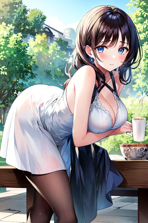 masterpiece, best quality, 1girl, leaning forward, solo, lactating into cup, <lora:Lactation:0.9>