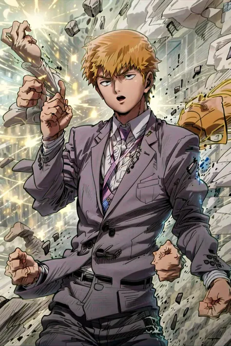 (best quality), (masterpiece),(ultra-detailed:1.2),ultra high res,dynamic angle,
1boy,fighting stance ,open hands,sprinkle salt,
<lora:Reigen:0.9> Reigenarataka, salt splash,suit,
Glittering,
glowing,wind,
<lora:RapidPunches:0.6> rapidpunches, a man is punching rapidly, 
<lora:flat2:-0.5>,
<lora:LowRa:-0.2> <lyco:GoodHands-beta2:1>