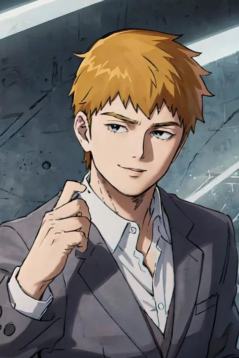 Reigenarataka, (best quality, masterpiece, RAW photo,ultra-detailed:1.2), <lyco:GoodHands-beta2:1.0>,,solo,looking at viewer,evile smile,
<lyco:Reigen:0.7> formal suits, from above, facial close-up,