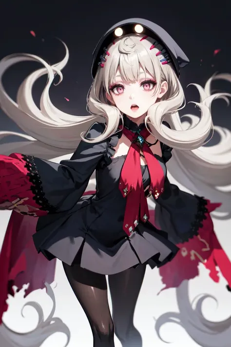 masterpiece, best quality, absurdres, 1girl, solo, bags under eyes, makeup, endou1st, black headwear, black outfit, sleeves past wrists, sleeves past fingers, black pantyhose, portrait, open mouth, <lora:spreimuEndou:0.9>