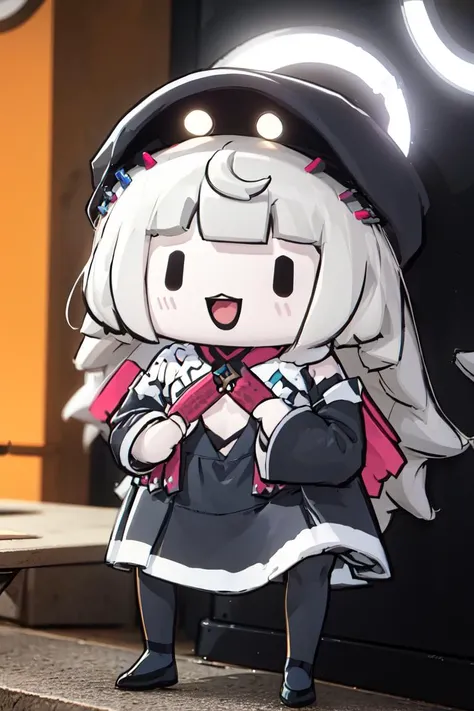masterpiece, best quality, absurdres, chibi, 1girl, solo, bags under eyes, makeup, endou1st, black headwear, black outfit, sleeves past wrists, sleeves past fingers, black pantyhose, :d, <lora:spreimuEndou:0.9>, <lora:style_walfie:1.1>