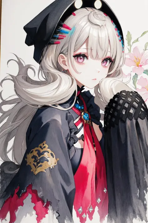 masterpiece, (detailed, highres, best quality), 1girl, <lora:spreimuEndou-10:1> bags under eyes, makeup, endou1st, black headwear, black outfit, sleeves past wrists, sleeves past fingers, black pantyhose, close up, face focus colored pencil (medium), floral background, painting (medium), traditional media, umbrella, watercolor (medium)