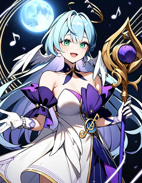 robin,1girl,solo,musical note,gloves,treble clef,white gloves,halo,open mouth,smile,white wings,detached sleeves,green eyes,strapless dress,strapless,bare shoulders,jewelry,moon,very long hair,eighth note,staff,beamed eighth notes,bracelet,staff \(music\),feathered wings,head wings,<lora:Robin_By-XieMo:0.7>,masterpiece,best quality,very aesthetic,absurdres,