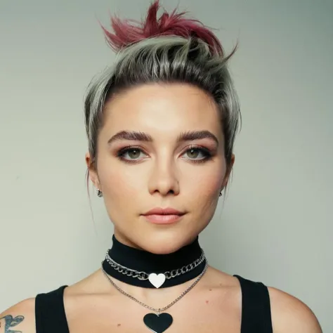 Looking straight at the camera, Film grain, skin texture, Instagram closeup selfie of a woman with punk hair,wearing a heart necklace,f/1.8,wearing a tutleneck shirt, <lora:flopugh_xl_1_standard_wo_cap_merger_17_68_05_05:1>