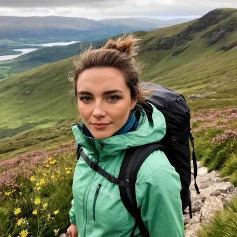 Skin Texture, Instagram iPhone Portrait photo of a woman hiking on top of a green Glenn in the Highlands in Scotland, wildflowers on the mountainside, windy but sunny, looking at the camera, <lora:flopugh_xl_1_standard_wo_cap_merger_17_68_05_05:1>