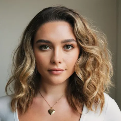 Looking straight at the camera, Film grain, skin texture, Instagram closeup selfie of a woman with beautiful wavy hair wearing a heart necklace,f/1.8,wearing a tutleneck shirt, <lora:flopugh_xl_1_standard_wo_cap_merger_17_68_05_05:1>