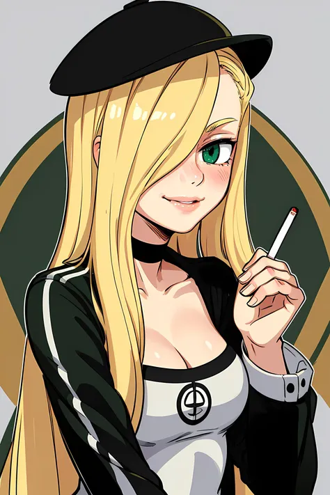 masterpiece, best quality, very detailed illustrations,   <lora:Baltika7:0.5>, cigarette, 1girl, solo, long blonde hair, hair over one eye, green eyes, lips, hat,  jacket, choker, thighhighs,  blush, upper body, portrait, smile,