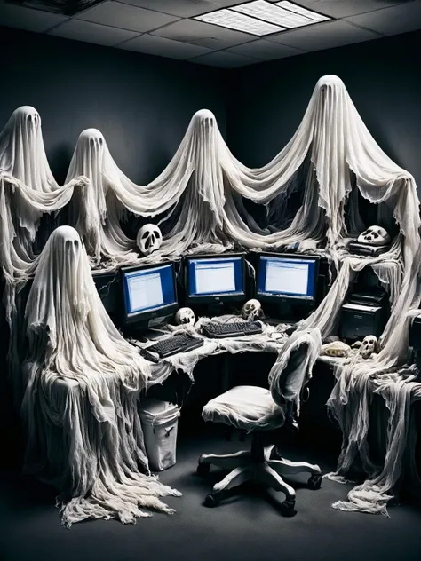 A bustling office cubicle, where the computer monitors and chairs are humorously draped in ghostly linens, as if ready for a haunted house party <lora:Shadowy_Linens:1> <lora:EnvyBetterHiresFixXL01:0:hr=1>