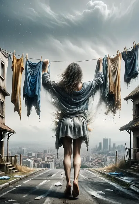 flying woman (hanging laundry on clothesline:1.3), from behind, side shot, bottom view:, strong wind, heavy rain, (city below:1.2), ral-dissolve, 8k, F2.8, RAW Photo, ultra detailed,  <lora:ral-dissolve:1.3>  <lora:Shadowy_Linens:0.5>
