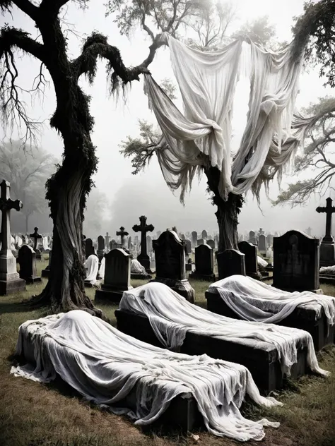A forgotten graveyard where each tombstone is shrouded in ghostly linens, the fabric moving with no wind to stir it <lora:Shadowy_Linens:0.9> <lora:EnvyBetterHiresFixXL01:0:hr=1>