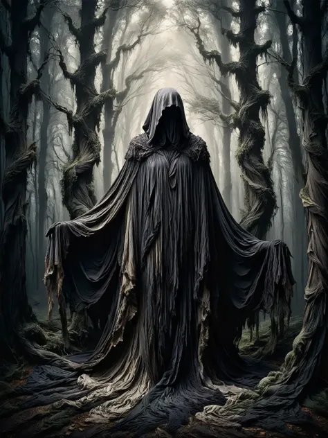 A mysterious figure standing at the edge of a dark forest, their cloak a flowing mass of shadowy linens that seem alive <lora:Shadowy_Linens:0.8> <lora:EnvyBetterHiresFixXL01:0:hr=1>