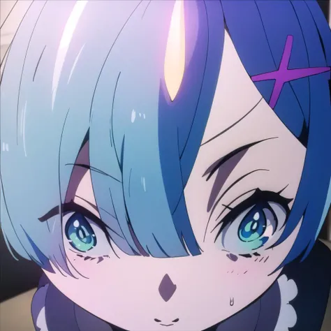 anime, hdr, soft light, ((best quality)), ((masterpiece)), (detailed), GoingInsane, close-up, <lora:GoingInsane:0.9>,<lora:remReZero_v10:0.6> 1girl, rem_re_zero, (horn), light blue hair, blue eyes, hair ornament