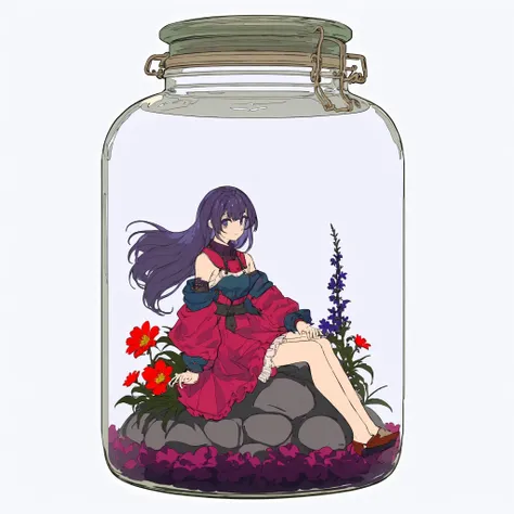 masterpiece, best quality, 1girl, in a jar, jar, simple background, full body, flower, sitting,erune,