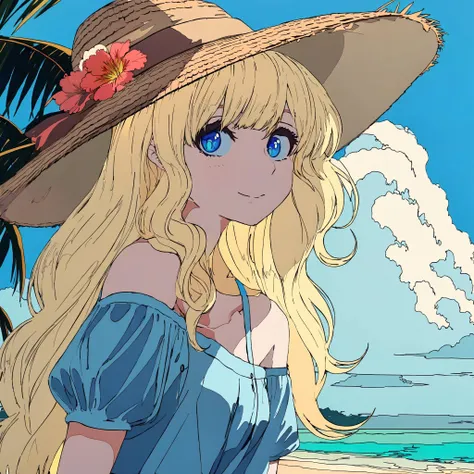 rococo style, soft lighting, (dramatic angle:1.25),(solo:1.4), (1girl),((blonde hair), long curly hair), blue eyes, (smile), closed mouth, beach straw hat, (off-shoulder shirt), shorts, hat flower ,(looking to the side:1.3), fantastic colorful, sea ,coconut tree, blue sky, cloud,(beach:1.3) ,(masterpiece:1.2),ultra-detailed,(best quality), illustration, (Depth of field),