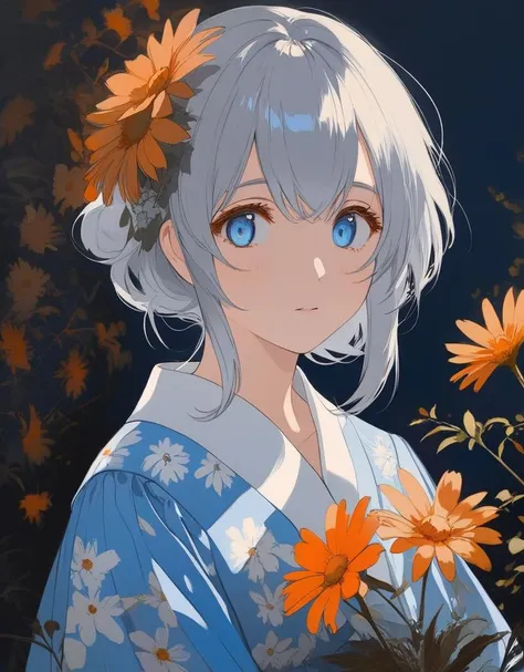 nijicute, 1girl, an anime fb girl in floral print, in the style of light silver and light blue, dreamlike portraiture, dark white and light orange, marguerite blasingame, cottagecore, charles spencelayh, serge marshennikov