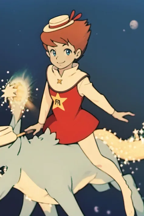 masterpiece, best quality, solo,1girl,looking at viewer,space, cowboy shot,anime style,
<lora:cometsan1V1:0.85>cometsan1,red dress, star(symbol),bare feet, blue eyes,smile,hat,white long sleeve,