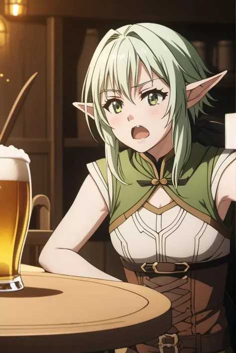 masterpiece, best quality, highres, 4k, 8k, intricate detail, cinematic lighting, amazing quality, amazing shading, soft lighting, Detailed Illustration, anime style,
highelfarcher, <lora:high-elf-archer-s2-ponyxl-lora-nochekaiser:1>,
high elf archer, short hair, green eyes, bow, hair bow, black bow, sidelocks, green hair, pointy ears, elf,
thighhighs, boots, shorts, sleeveless, bare arms, thigh boots, brown footwear, brown shorts,
indoors, table, cape, beer, mug, drinking, blush,
looking at viewer, dynamic pose, open mouth, shouting,