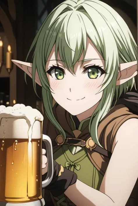 masterpiece, best quality, highres, 4k, 8k, intricate detail, cinematic lighting, amazing quality, amazing shading, soft lighting, Detailed Illustration, anime style,
highelfarcher, <lora:high-elf-archer-s2-ponyxl-lora-nochekaiser:1>,
high elf archer, short hair, green eyes, bow, hair bow, black bow, sidelocks, green hair, pointy ears, elf,
thighhighs, boots, shorts, sleeveless, bare arms, thigh boots, brown footwear, brown shorts,
indoors, table, cape, beer, mug, drinking, blush, holding mug,
looking at viewer, dynamic pose, smile,