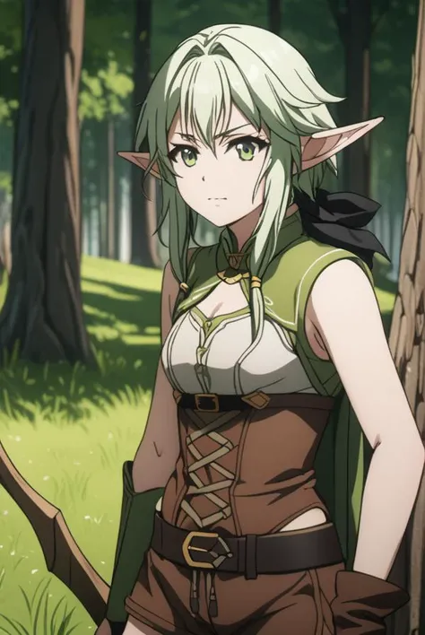 masterpiece, best quality, highres, 4k, 8k, intricate detail, cinematic lighting, amazing quality, amazing shading, soft lighting, Detailed Illustration, anime style,
highelfarcher, <lora:high-elf-archer-s2-ponyxl-lora-nochekaiser:1>,
high elf archer, short hair, green eyes, bow, hair bow, black bow, sidelocks, green hair, pointy ears, elf,
thighhighs, boots, shorts, sleeveless, bare arms, thigh boots, brown footwear, brown shorts,
outdoors, forest, trees, nature, rocks, grass,
looking at viewer, cowboy shot, dynamic pose,