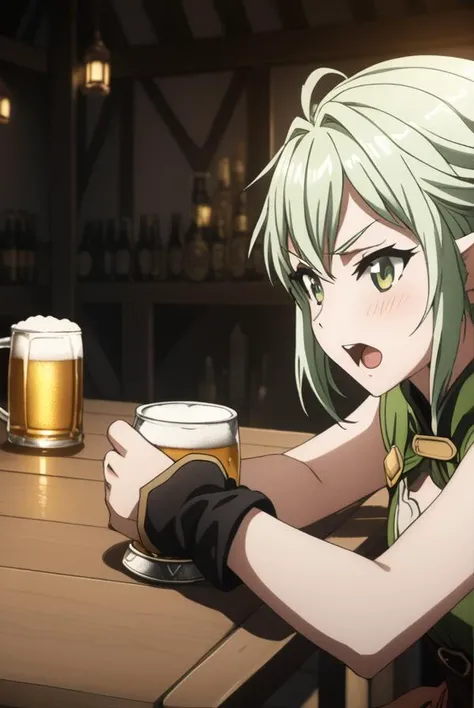 masterpiece, best quality, highres, 4k, 8k, intricate detail, cinematic lighting, amazing quality, amazing shading, soft lighting, Detailed Illustration, anime style,
highelfarcher, <lora:high-elf-archer-s2-ponyxl-lora-nochekaiser:1>,
high elf archer, short hair, green eyes, bow, hair bow, black bow, sidelocks, green hair, pointy ears, elf,
thighhighs, boots, shorts, sleeveless, bare arms, thigh boots, brown footwear, brown shorts,
indoors, table, cape, beer, mug, drinking, blush,
looking at viewer, dynamic pose, open mouth, shouting,