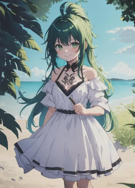 <lora:Mitama:1>, Mitama, 1girl, solo, long hair, barefoot, dress, ahoge, smile, very long hair, looking at viewer, green hair, green eyes, white dress, hair flaps, bare shoulders, standing, bangs, black hair, off shoulder, collarbone, multicolored hair, Chest Tattoo, 8k, masterpiece, trending on artstation, <lora:Masterpiace:0.7>, seductive smile,