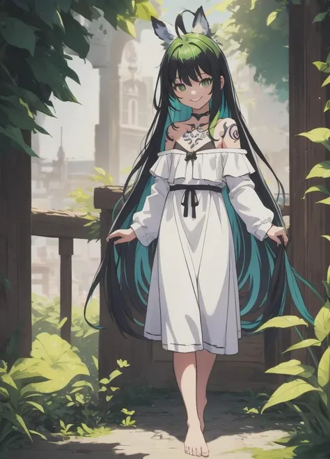 <lora:Mitama:1>, Mitama, 1girl, solo, long hair, barefoot, dress, ahoge, smile, very long hair, looking at viewer, green hair, green eyes, white dress, hair flaps, bare shoulders, standing, bangs, black hair, off shoulder, collarbone, multicolored hair, Chest Tattoo, 8k, masterpiece, trending on artstation, <lora:Masterpiace:0.7>, seductive smile, (flat chest)