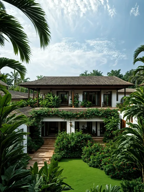 photography, tropical villa, white stucco walls, gable tiled roof, wood column supports, upper level balcony, lush greenery, potted plants, open veranda, overcast sky, wide shot, natural daylight <lora:AIDVN_TropicalHouse_v1:0.6>
