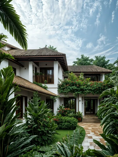 photography, tropical villa, white stucco walls, gable tiled roof, wood column supports, upper level balcony, lush greenery, potted plants, open veranda, overcast sky, wide shot, natural daylight <lora:AIDVN_TropicalHouse_v1:0.6>